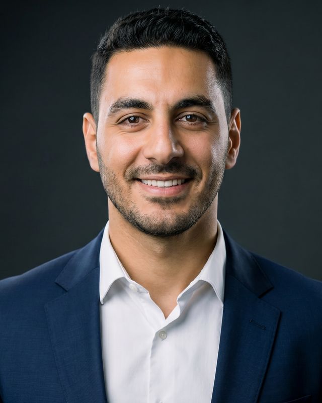 Deen Alseginy, smiling, in a navy blazer and white shirt